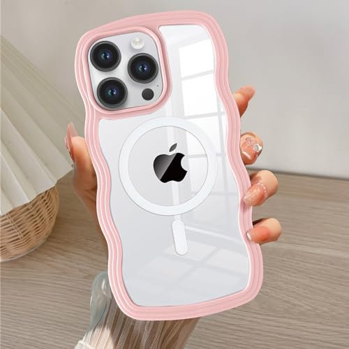 QLTYPRI Magnetic for iPhone 15 Pro Max Case Compatible with Magsafe, Cute Curly Wave Frame Clear Case for Girls Women, Transparent TPU Bumper Shockproof Phone Case Cover for iPhone 15 Pro Max-Pink