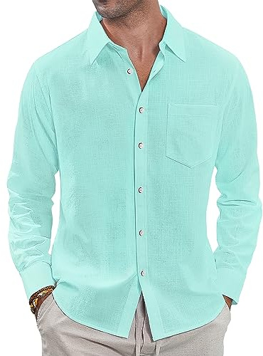 J.VER Men's Linen Cotton Shirts Long Sleeve Regular Fit Casual Solid Lightweight Summer Beach Shirt with Pocket Mint Green XL