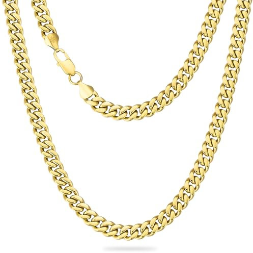 KRKC&CO Männer Halskette, 9mm Herren Edelstahl Panzerkette mit Diamantschliff, 14K Gold Vergoldet Cuban Link Chains Goldkette, Nickelfrei Halskette, Geschenke für Männer Jungen, [Länge 55,9cm]