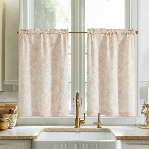Vangao Leinen Scheibengardine Blumen kurz Vorhang Botanischer Druck Bistrogardine Modern Küchengardinen Gardine für Küche Wohnzimmer Landhaus Halbtransparent 2er-Set Braun auf Beige 65B x 90H(cm)