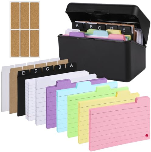 Index Card Box Set, 15x9,5x8,5cm Plastic Flashcard Organiser Revision Cards Holder - 230 Coloured Flash Cards 15 Card Dividers and Box Set for Study Office School Supplies