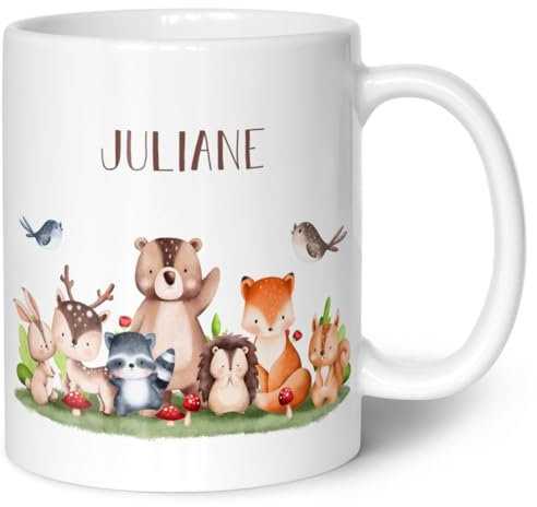 GRAVURZEILE Bedruckte Tasse mit Namen - Tiergruppe Waldtiere - Personalisierte Geschenke für Jungen & Mädchen Kinder zum Geburtstag Einschulung Kommunion und Konfirmation - Weiß