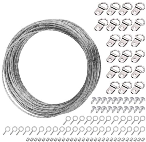 Belegao 10m/32.5ft Picture Hanging Wire Kit - Heavy Duty Metal Frame Hanging Wire with D-Rings, Screws, Picture Hooks and Crimping Loop Sleeve for Picture Photo Frame Mirror Clock Artwork, 0.75mm