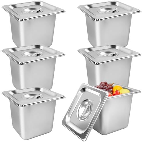 6 Pack Stainless Steel Pans with Lids - 6 Inch Deep, Anti Jam, Steam Table Pans for Restaurant Buffet & Party Supplies