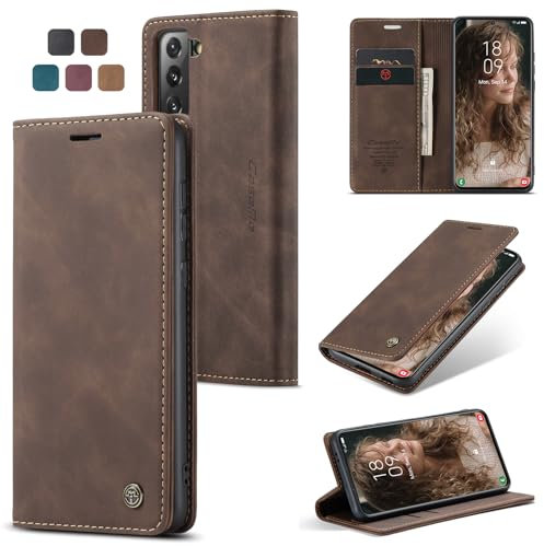 owlhold Handyhülle für Samsung Galaxy S21 Hülle, Premium Lederhülle Weiches Vintage-Nubukleder Faltbare Ständer Klapphülle Kartenfach Standfunktion stoßfest Schutzhülle für Samsung S21 -Kaffee