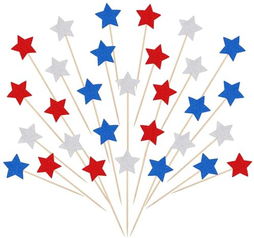 30 PCS Patriotic Red White and Blue Decorations Glitter Star Cupcake Toppers Red White and Blue Decorations 4th of July Cupcake Toppers American National Party Cake Decorations Supplies