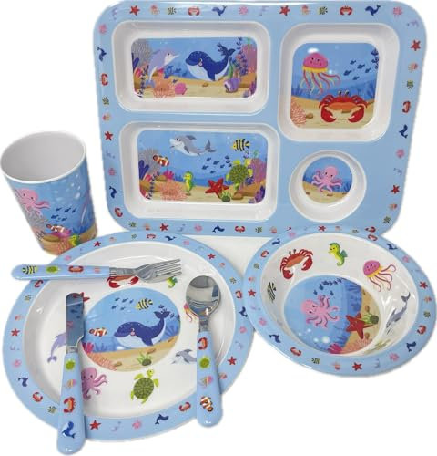 Sea Life Dinner Set 5 Piece Kids Dinner Set Tableware Lunch Reusable Plate Cutlery Bowl Tumbler Cup Tray Lightweight Premium Dinnerware Set HTUK