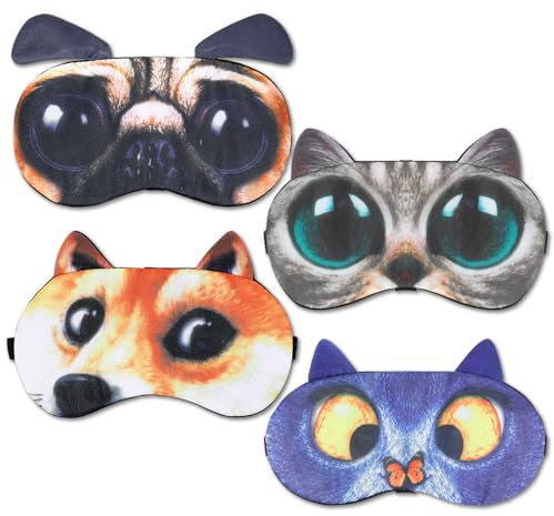 Dimeho 4 Stück Lustige Schlafmasken, Süße Tier-Augenbinden Weicher Verstellbarer Schlaf-Augenschirm Reise-Nickerchen Augenabdeckung für Männer Frauen Flugzeug Spielnacht Schlafendes Katzen Hundemuster