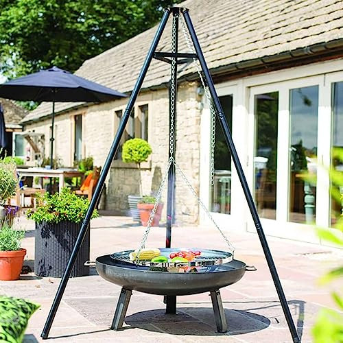 Barbecue a tre zampe nero, 172 cm, ideale per il braciere da 80 cm. Nella confezione sono inclusi una tripla, una catena e una griglia
