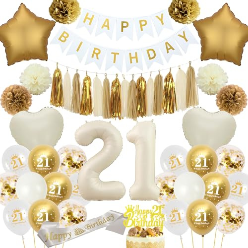 21st White Gold Birthday Decorations - 70 Piece Happy Birthday Banner, Number 21 Foil Balloon, Beige Paper Pompom Fringe Sash & Cake Topper