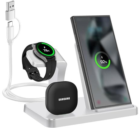 VNBBT Wireless Charger for Samsung,3 in 1 Wireless Charging Station for Samsung Galaxy S25/S24/S23/Z Fold/Flip,Fast Phone Watch Charger Dock Stand for Galaxy Watch Ultra/7/6/5,Galaxy Buds-White