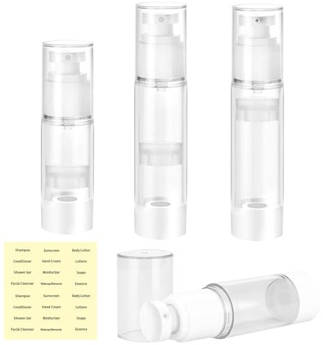 2Pcs Travel Airless Spray Bottle, 2Pcs Plastic Airless Lotion Bottle, 30/50ml Refillable Vacuum Pump Fine Mist Bottles with Labels, Clear Vacuum Press Pump Toiletries Bottle for Foundation Shampoo