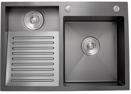 Fregadero multiusos de acero inoxidable con tabla de lavar integrada – 60 cm – Fregadero doble hecho a mano para lavandería, garaje y taller – Superficie texturizada negra