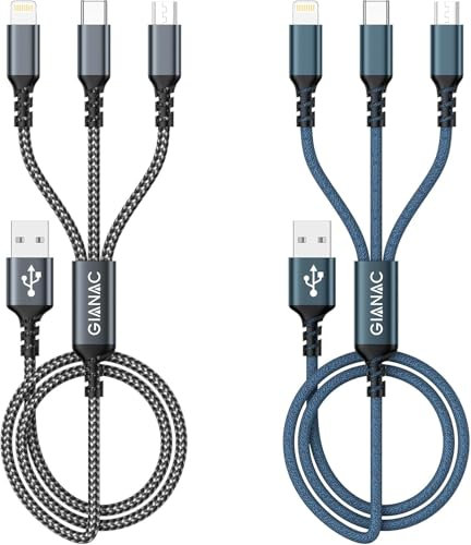 Multi Charger Cable, USB Charger Cable [2Pack 2M] 3 in 1 Multiple USB Cable Nylon Braided with Micro USB Type C Lightning Connector for iPhone, Android Samsung, Huawei, Nexus, Nokia,LG, Sony