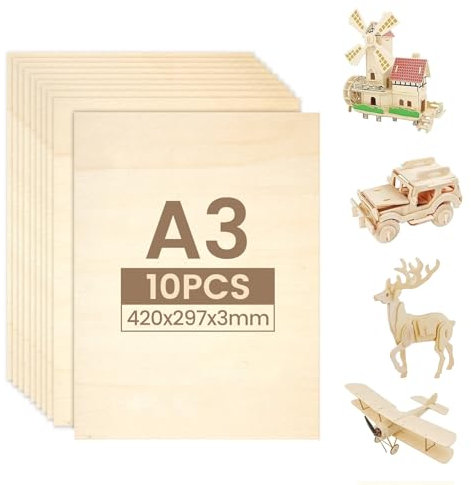 10 piezas de tablero contrachapado A3 de tilo 420x297x3mm, contrachapado 3mm, tablero madera, tableros de madera para manualidades, maderas para bricolaje, madera apta para láser y modelismo.