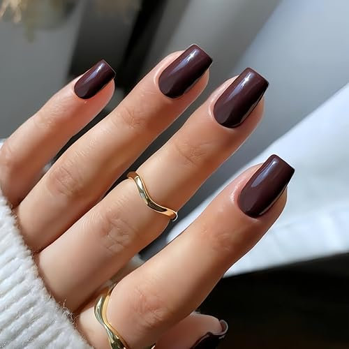 KQueenest Acrylic Press on Nails Short Medium Square, Brown False Nails Short Coffin, Glossy Natural Solid Color Fake Nails Set, Reusable Gel Stick on Nail for Women Finger Daily Wear 24 Pcs