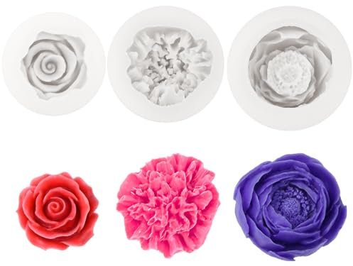 TEUYOE 3 Pieces 3D Large and Small Peonies, Carnations, Roses, Flower Moulds Silicone, Silicone Candle Moulds, Making Chocolate Baking Molds for Birthday Anniversary (Peony, Carnation, Rose)