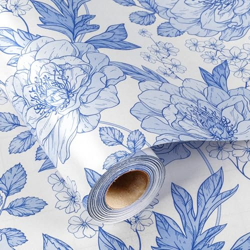 Wikadlik Geschenkpapierrolle mit Blume, 43 cm x 10 m, blau-weiß, perlmuttfarben, dickes Packpapier für Hochzeit, Jahrestag, Party, Geburtstag