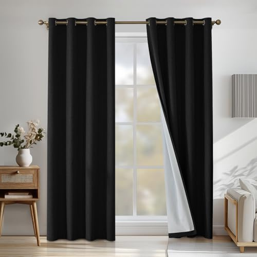 CYCMACO Verdunklungsvorhänge Leinen 2er Set, 140x245cm, Kälteschutz Thermovorhang Mit Ösen, Lärmschutzvorhang, Wohnzimmer Lichtundurchlässig Vorhänge, Schlafzimmer Vorhänge, Schwarz