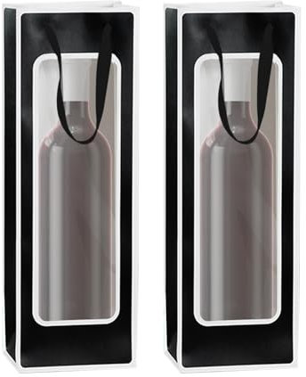 2Pcs Black Wine Gift Bags with Clear Window, 14.17× 4.92× 3.45 inches Paper Bottle Bags