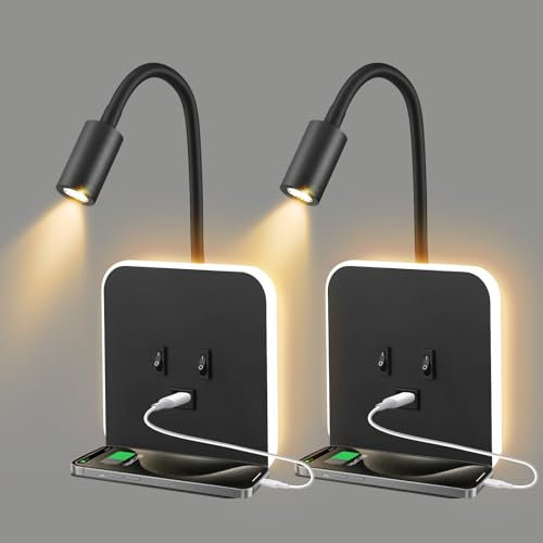 Strixorn Flexible Schwanenhals Wandleselampe mit USB-Ladeanschluss und unabhängigem Schalter, LED Leselampe Bettlampe für Wohnzimmer Schlafzimmer Kopfteil Lesen(Schwarz, 2 Stück)
