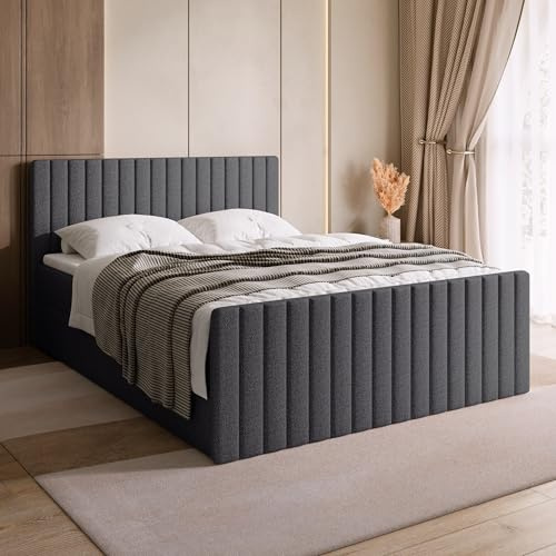BROMARKT Boxspringbett 180x200 mit Bettkasten Topper Härte H3 Grau | Doppelbett mit Bonellmatratze gepolsterte Kopfstütze Fußteil Polsterbett Bett Bed Jugendbett Einzelbett hinterteil DREAM DUO
