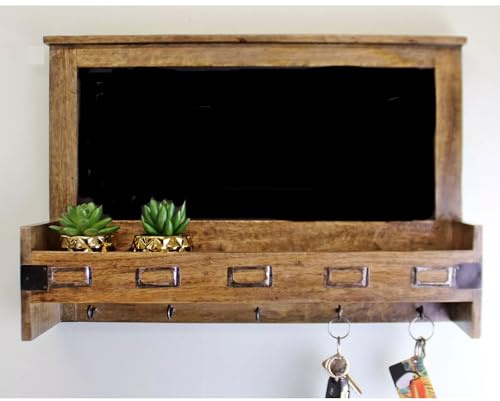 Fyne-Finds Rustic Mango Wood Blackboard with 5 Storage Slots & Key Hooks Message Board Home Useage