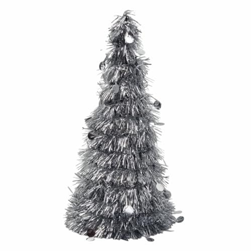 Silver Tinsel Christmas Tree 31cm – Festive Table Centrepiece with Metallic Baubles – Mini Artificial Xmas Decoration