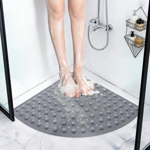 Duschmatte rutschfest Dreieckig, PVC Viertelkreis Antirutschmatte Dusche mit Saugnäpfen und Ablauflöchern, Für Nassbereiche wie Dusche und Bad, Ideal für Senioren(Grau, 65x65 cm)