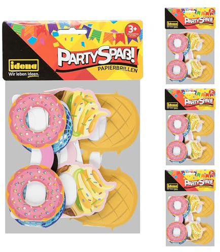 Idena 90461 - Partyspaß Papierbrillen, 16 Stück, Foto Requisiten in den lustigen Motiven Donut, Ananas, Discokugel und Waffeleis, 13 cm breit, 12,5 cm Lange Pappbügel