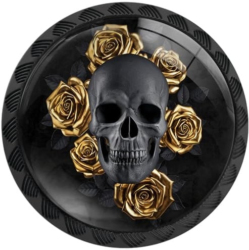 Artinhand 4 Pack Gothic Black Skull Golden Roses Cabinet Knobs for Kitchen | Drawer Pulls Round Dresser Handles Hardware for Desk Cupboard Wardrobe Closet Vanity Door Bathroom Decor