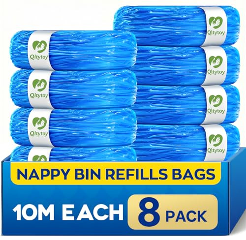 Qltytoy 8 Pack Nappy Bin Refill Bags,10M Each Nappy Bags 7-layer&Anti-Odor | Diaper Pail Refill Durable, Thickened, Leak-Proof, Tear-Resistant, Disposal Liner, Lavender Scented Liner with Large Capacity