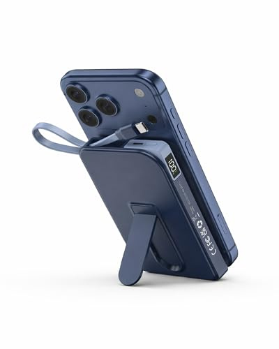 Power Bank para Magsafe iPhone, Bateria Externa Carga Rapida 10000mah Magnetico Cargador Portatil for i-Phone con 22.5w USB-C Cable, Soporte Plegable Powerbank para iPhone Air 17 16 15 14 13 12, Azul