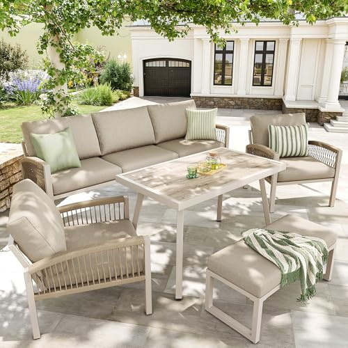 OKMYHOME Salon de Jardin 7 Places - Ensemble avec Canapé 3 Places, 2 Fauteuils, Table Basse en Verre Imitation Bois, Coussins, Résistant aux Intempéries, Beige