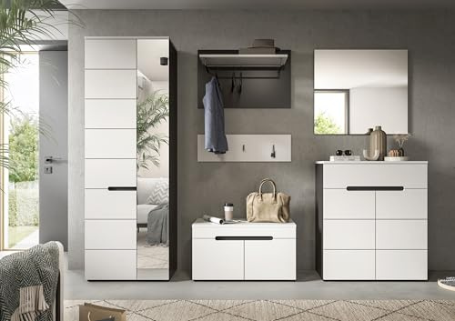 möbelando freiraum Garderoben-Set Canu – 5-teiliges Komplett-Set mit Schrank, Sitzbank, Spiegel & Schuhkommode – 255 cm breit – FSC®-Zertifiziert – Basalt Grau/Weiß