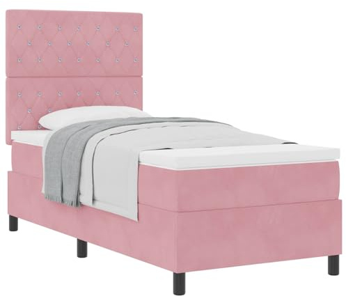 Qnhdfrt Boxspringbett 90x200 cm in Rosa, Einzelbett mit Taschenfederkernmatratze, Topper und verstellbarem Kopfteil, Polsterbett aus Samt mit stabilem Holzrahmen für Schlafzimmer