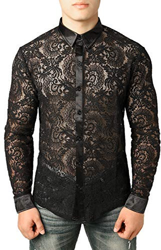 JOGAL Herren Transparent Blumen Spitze Button Down Langarm Hemd, Schwarz Hahnenkamm, XL