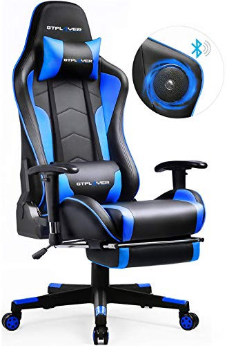 GTPLAYER Sedia da Gaming con Poggiapiedi e Altoparlante Bluetooth Poltrona Ufficio Scrivania Ergonomica Sedie Musicale Blu