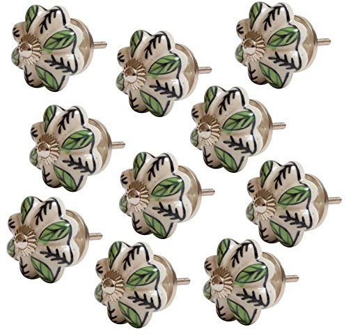 Knober 10 X Möbelknopf handbemalt Keramik verziert Silber 40 mm Shabby-Chic Vintage Schrankknopf Türgriff Schrank (Set 10 X EMIL14)