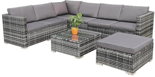 Hansson Polyrattan Gartenmöbel Lounge Set Sitzgruppe Garnitur Poly Rattan inkl. Sofa Sessel Kissen Hocker Tisch mit Glas (3xDoppelsofa (1xlinks, 2xrechts), 1xTisch & Hocker)