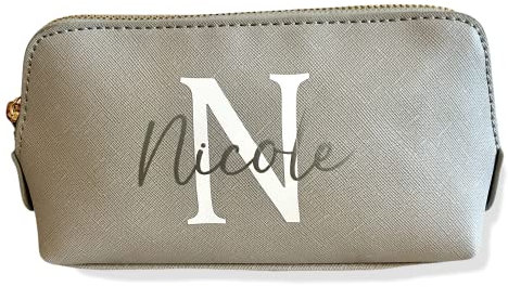 Kosmetiktasche personalisiert Initial + Name, Schminktasche, Kulturtasche für Damen, Handtasche, Geschenk Frauen, Schminke Beauty Make-Up (klein, grau)