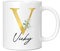 Personalised Letter V Floral Mug Initial with Name, Customised Gift, Gold Effect Printed Letter, NOT Metallic - Ceramic Coffee Cup for Men or Women, Extra Large and Giant Mug, 11oz White Mug