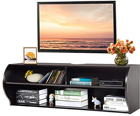 COSTWAY Wall Mounted Floating TV Stand, Wooden Hanging TV Cabinet Media Entertainment Center with Open Shelves, Television Console Unit for Living Room Bedroom, 123cm (Espresso)