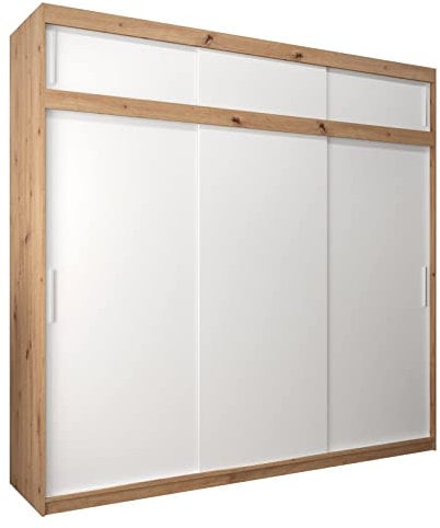 MEBLE KRYSPOL Tokyo 250 Kleiderschrank mit DREI Schiebetüren für Schlafzimmer – moderner Aufbewahrungsschrank mit Kleiderstange und Regalen – 250x240x62cm - Artisan + Mattweiß mit Verlängerung