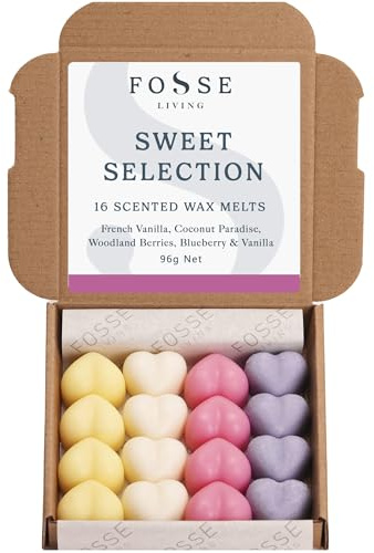 Sweet Selection Soy Wax Melts 16 Pack | French Vanilla, Coconut Paradise, Woodland Berries & Blueberry Vanilla | Natural, Vegan & Plastic Free | Up to 96 Hrs Scent | Handmade in UK – Fosse Living