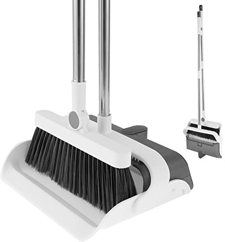 DIVANOVER Broom and Dustpan Set with Adjustable Handle Standing Dustpan and Broom with Double Scraper Teeth Flexible Dustpan Broom Combo Set 180° Swivel Head Broom for Home Pet Hair(White)