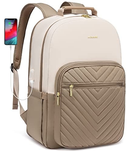 LOVEVOOK Laptop Backpack Womens, Large 17 Inch Rucksack Bag for Women,School College Travel University Back Pack, Waterproof Work Bags with USB Charging Port, Ladies Backpacks, Khaki Beige