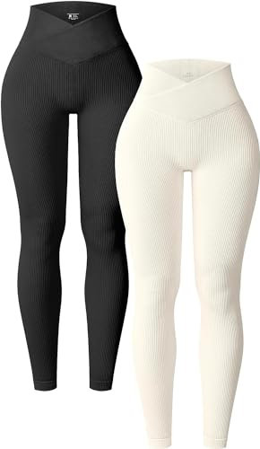 Damen-Yoga-Leggings, hohe Taille, überkreuzt, 2-teilig, gerippt, nahtlos, athletische Workout-Hose für Fitness-Outfits, Schwarz, Größe S, Schwarz