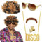 XLZJYIJ 5er Perücke Kostüm Set, Hippie Perücke Herren, Afro Perücke Blond Mix Schwarz Sonnenbrille Halskette Schnurrbart Ring, 70er 80er Jahre Perücke Disco Hippie Kostüm Set