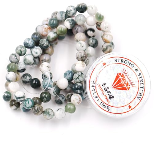 Fukugems Perlen mit Stretch-Kordel für Schmuckherstellung lose Steinperlen für DIY Energiestein Heilkraft Armband 4mm=180 Stücke und 1 Roll Cord Tree Agate 4mm